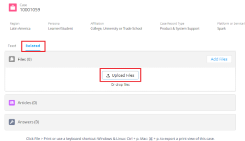 Related tab in the support portal with Upload Files button.
