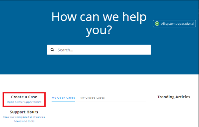 The support page says "How can we help you?" with a search field and Create a Case button.