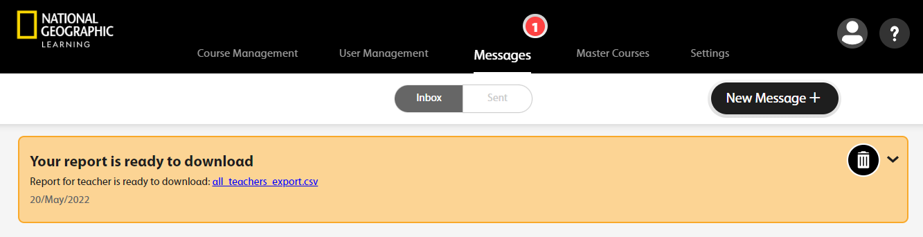 The News tab of the Messages menu shows a new instructor report is ready to download.
