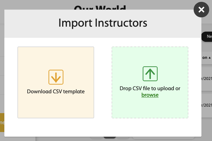 Import Instructors menu with two options: "Download CSV template" and "Drop CSV file to upload or browse."