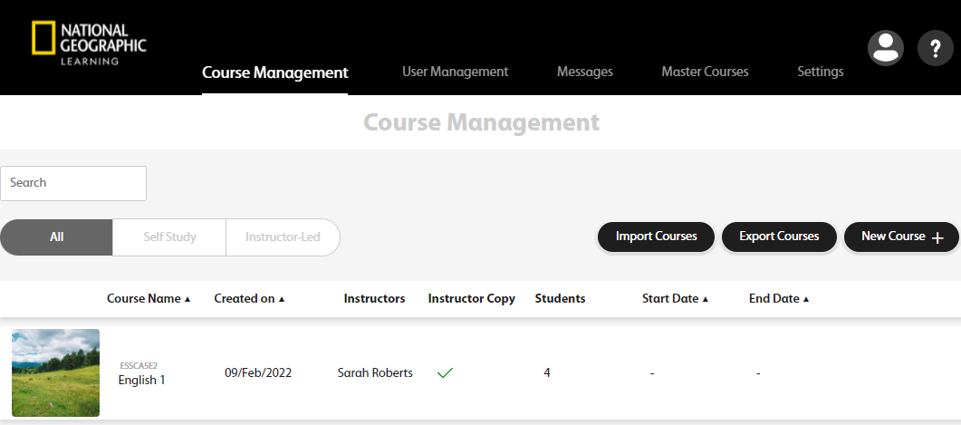 Course Management menu for school administrators