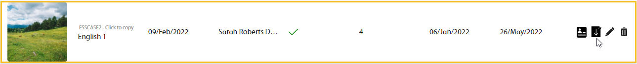 Hovering over a course reveals the icons to create a self-registration guide for students, export course grades, edit the course, and delete the course.