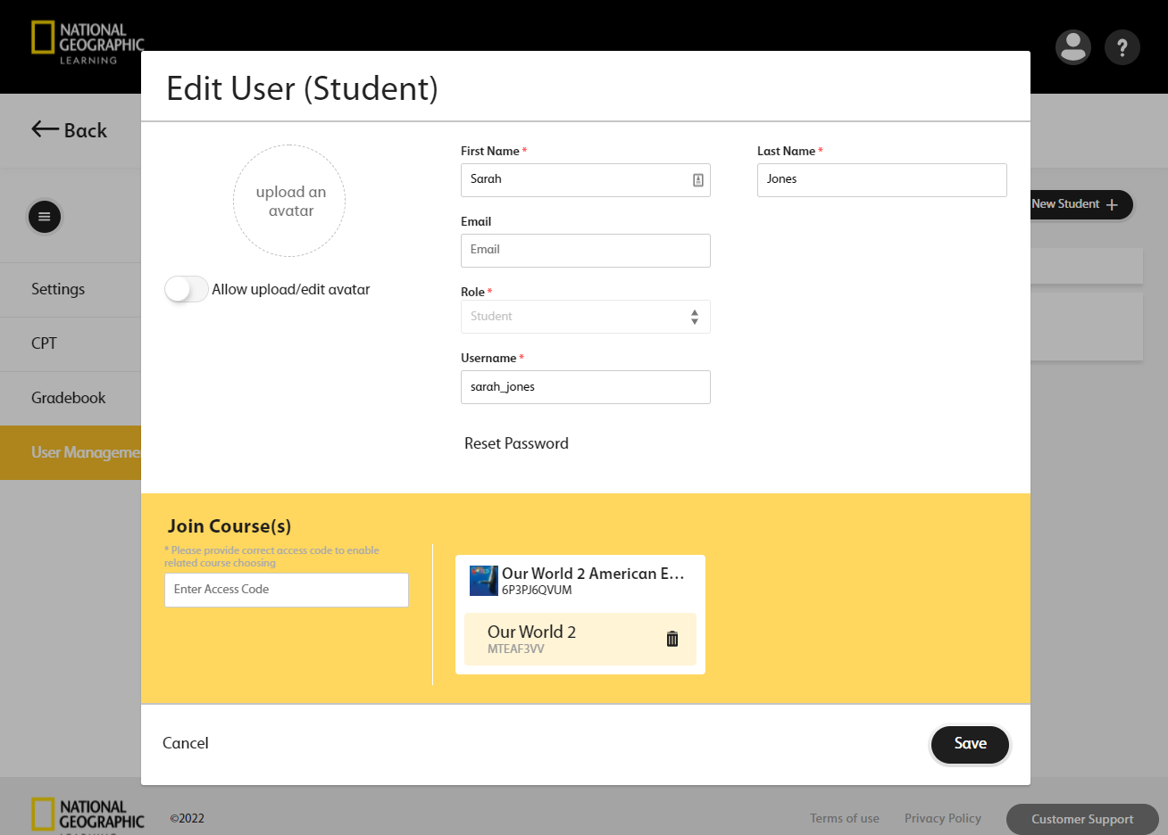 The Edit User menu is located in the User Management tab.