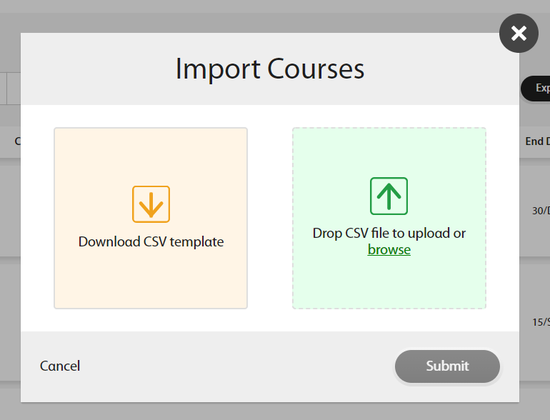 The Import Courses window has the options to download and upload a CSV template.