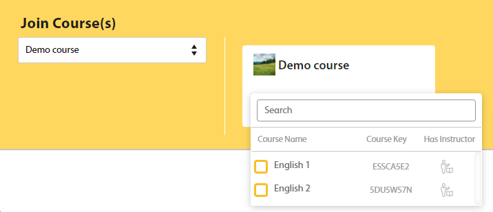 Sections dropdown with 2 options. Both options show the course key.