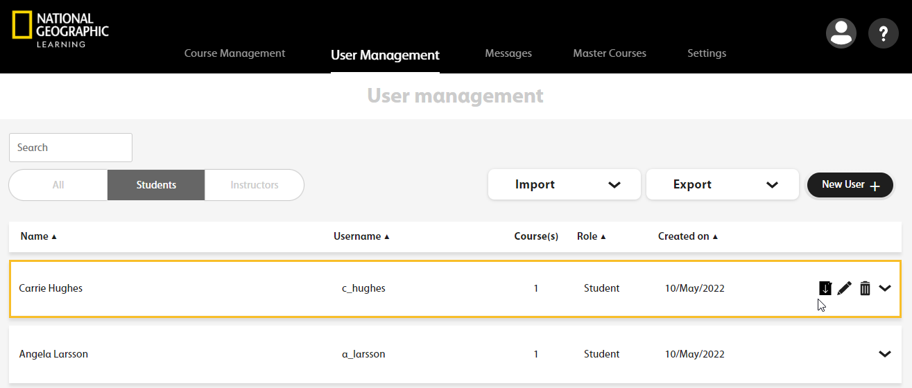 The pointer is over a student row. The row is highlighted yellow and features download, email, and edit buttons that are not shown for the unselected students.