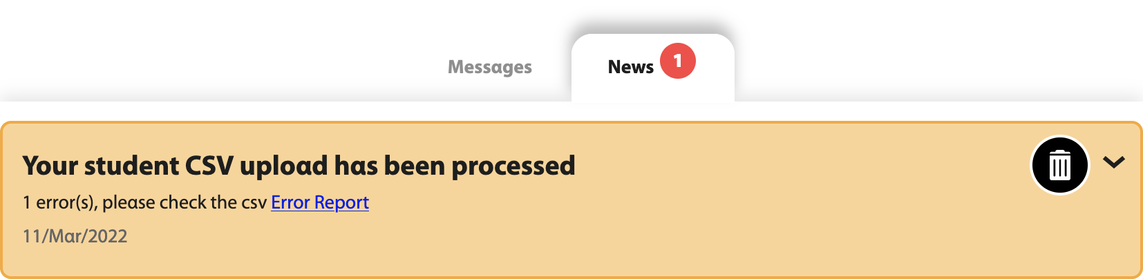 A message is displayed: Your student CSV upload has been processed. 1 error(s), please check the csv. The message includes a link labeled Error Report.