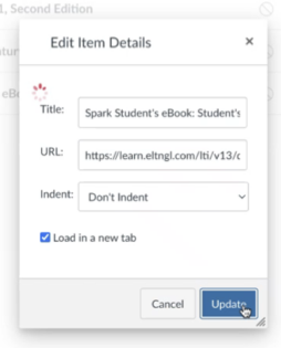 Edit Item Details window with Tile and URL fields; an option to select to indent or not indent; a Load in a new tab checkbox, and Update button.