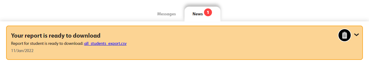 The News tab of the Messages menu shows a new student report is ready to download.