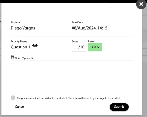 Manual grading dialogue with a field to enter the score and a field to enter an optional note for the student.