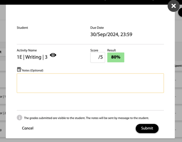 Manual grading dialogue with a field to enter the score and a field to enter an optional note for the student.