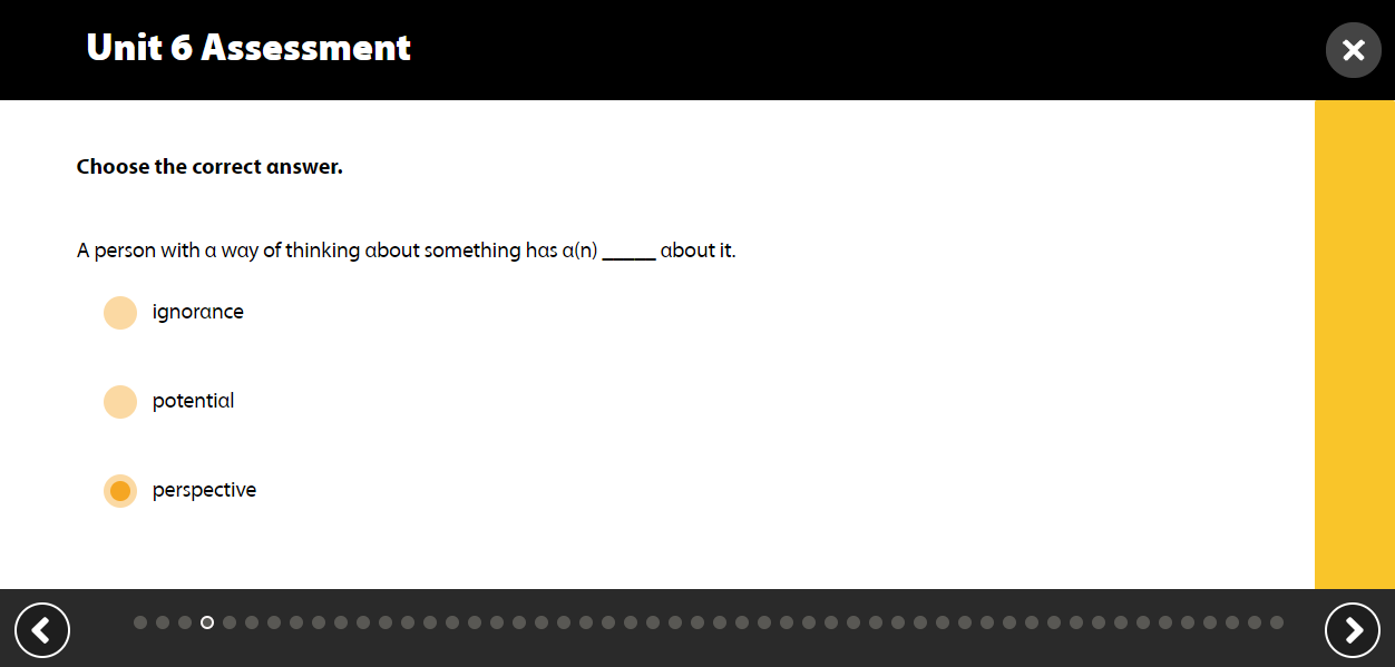 A multiple choice question. The display at the bottom of the question shows how far into the test it is.