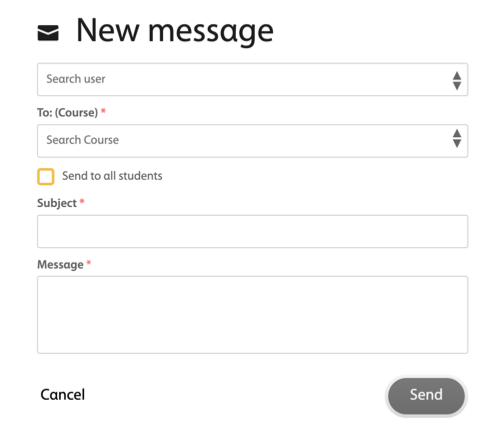 The New Message pop-up window has five fields to be filled out: Search user, To course, Send to all students, Subject, and Message.