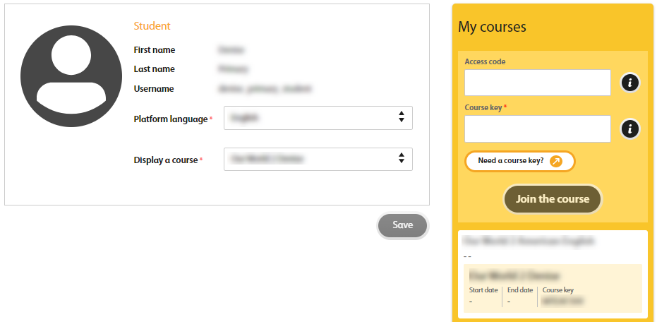 Student profile with 2 columns: Student and My Courses.