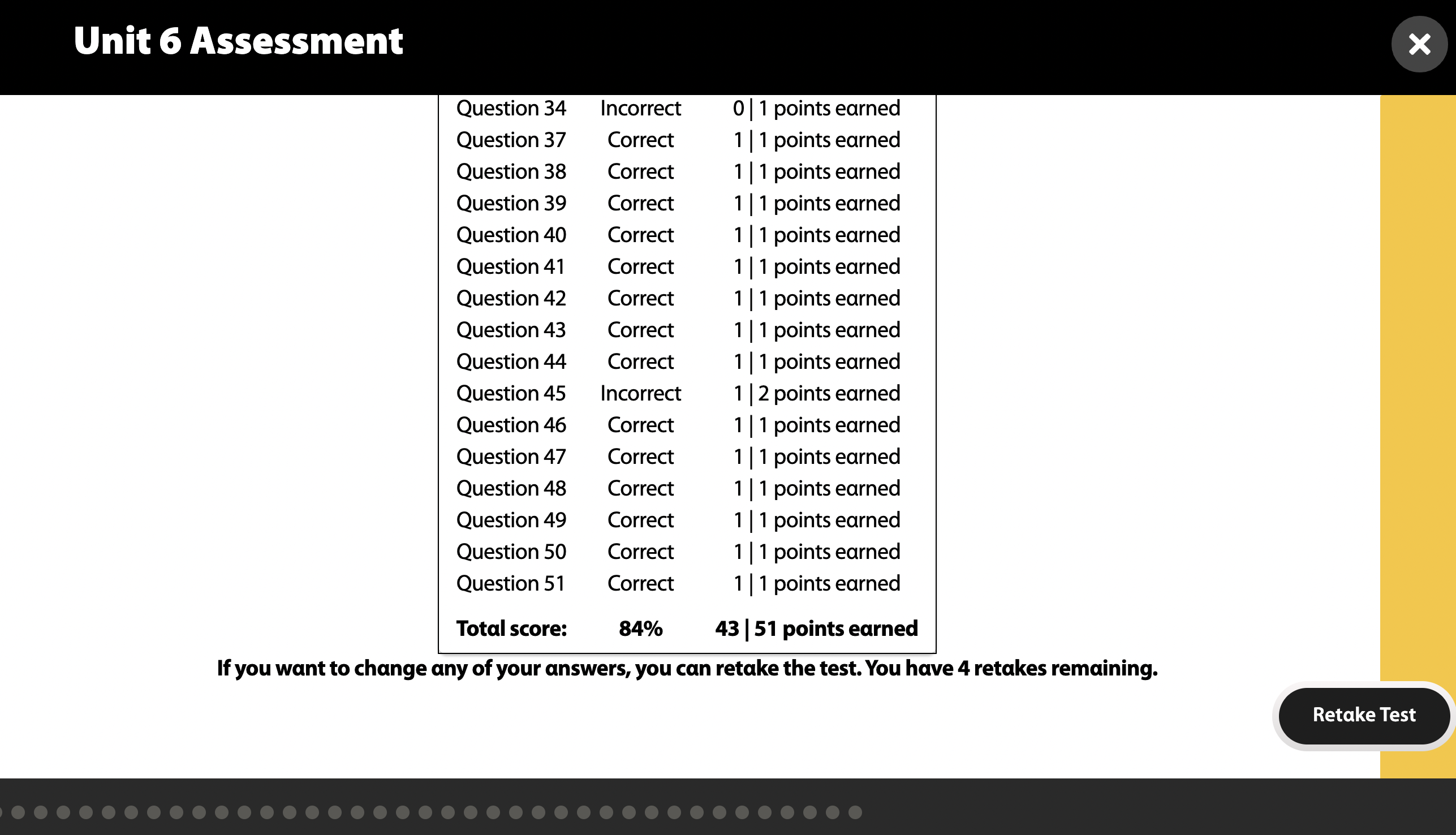 Confirmation of test completion and summary of performance page