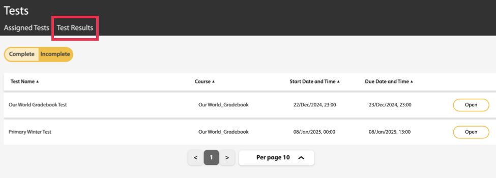 The tests page highlighting the Test Results tab in the upper-left side of the image.