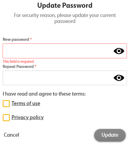 The Update Password menu requires users to set a password, then accept terms of use and privacy policy before they can first access their account.