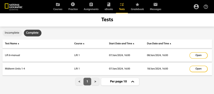 Tests tab displays a list of your assigned tests.