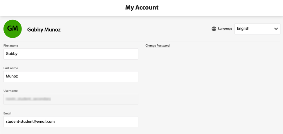 Student profile with First name, Last name, Username, and email fields, a change password link, and a language preference dropdown menu.